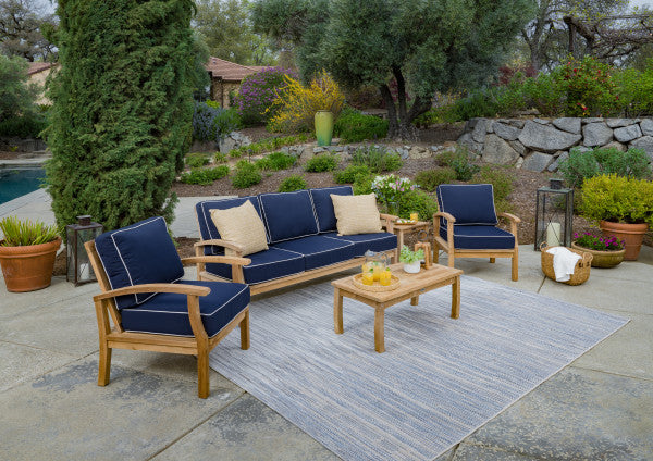 Tortuga Outdoor Jakarta Teak 5pc Sofa Set - 1 sofa, 2 club chairs, 1 coffee table, 1 side table - Sunbrella Navy