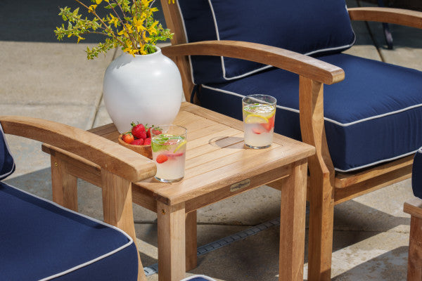 Tortuga Outdoor Jakarta Teak 3pc Club Chair Set - 2 club chairs, 1 side table -Sunbrella Navy