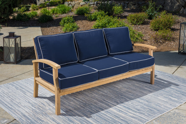 Tortuga Outdoor Jakarta Teak 6pc Sofa Set - 1 sofa, 2 club chairs, 1 side table, 1 ottoman - Sunbrella Navy