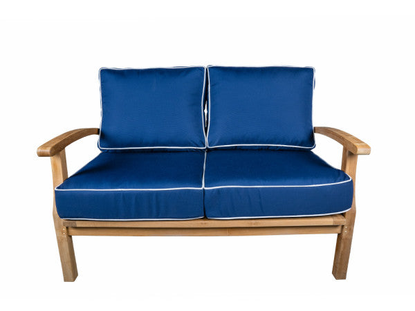 Tortuga Outdoor Jakarta Teak 5pc Loveseat set - 1 love seat, 2 club chairs, 1 coffee table, 1 side table - Sunbrella Navy