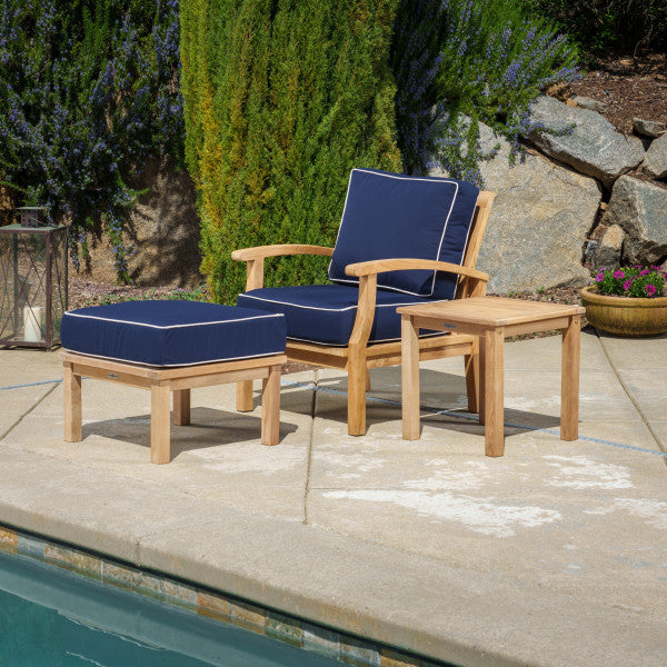 Tortuga Outdoor Jakarta Teak 3pc Club Chair Set - 1 club chair, 1 side table, 1 ottoman - Sunbrella Navy