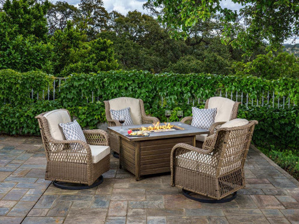 Tortuga Outdoor Rio Vista 5-Pc Fire Set (4 Swivel Chairs, 1 Fire Table) - Sandstone