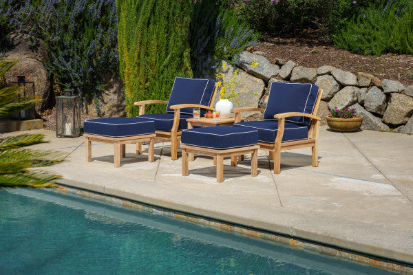 Tortuga Outdoor Jakarta Teak 5pc Club Chair Set - 2 club chairs, 2 ottomans, 1 side table - Sunbrella Navy