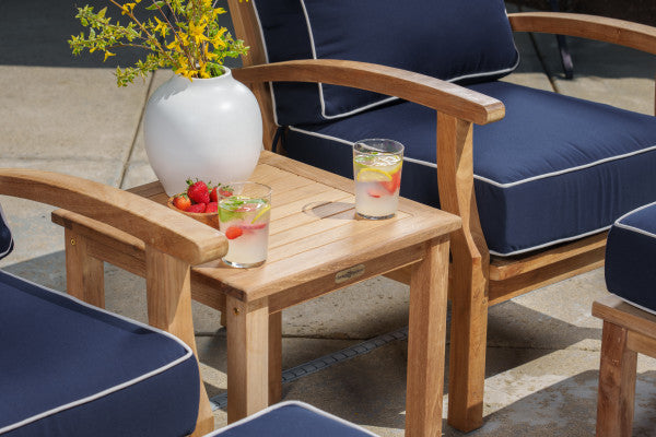 Tortuga Outdoor Jakarta Teak 5pc Club Chair Set - 2 club chairs, 2 ottomans, 1 side table - Sunbrella Navy