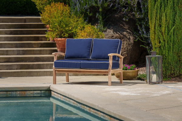 Tortuga Outdoor Jakarta Teak 5pc Loveseat set - 1 love seat, 2 club chairs, 1 coffee table, 1 side table - Sunbrella Navy