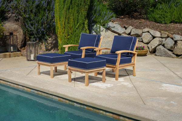 Tortuga Outdoor Jakarta Teak 4pc Club Chair Set - 2 club chairs, 2 ottomans - Sunbrella Navy