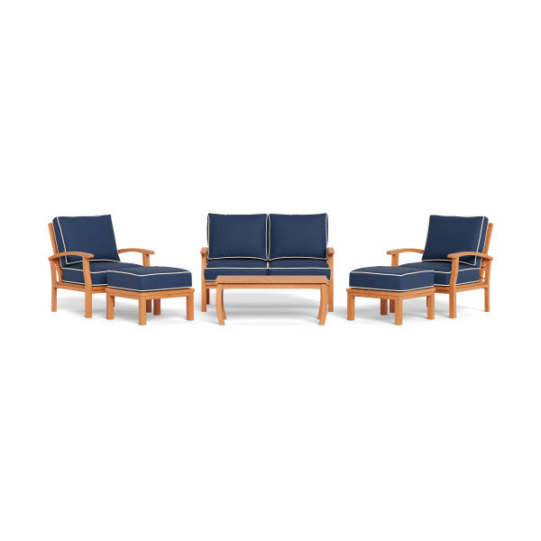 Tortuga Outdoor Jakarta Teak 6pc Loveseat Set - 1 loveseat, 2 club chairs, 1 coffee table, 2 ottoman - Sunbrella Navy