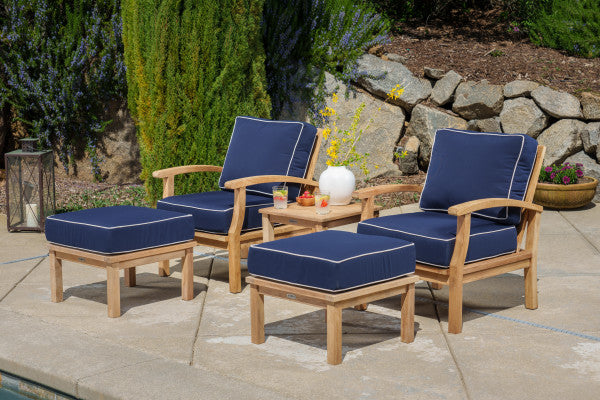 Tortuga Outdoor Jakarta Teak 5pc Club Chair Set - 2 club chairs, 2 ottomans, 1 side table - Sunbrella Navy