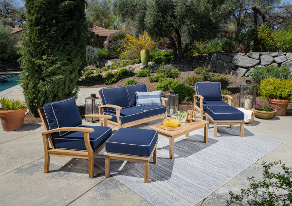 Tortuga Outdoor Jakarta Teak 6pc Loveseat Set - 1 loveseat, 2 club chairs, 1 coffee table, 2 ottoman - Sunbrella Navy