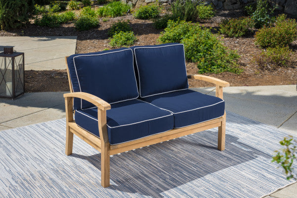 Tortuga Outdoor Jakarta Teak 6pc Sofa and Fire Table Set - 1 loveseat, 2 club chairs, 1 fire table, and 1 side table, 1 ottoman - Sunbrella Navy