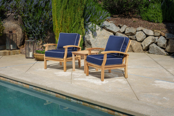 Tortuga Outdoor Jakarta Teak 3pc Club Chair Set - 2 club chairs, 1 side table -Sunbrella Navy