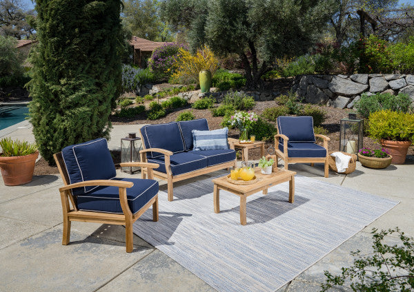 Tortuga Outdoor Jakarta Teak 5pc Loveseat set - 1 love seat, 2 club chairs, 1 coffee table, 1 side table - Sunbrella Navy