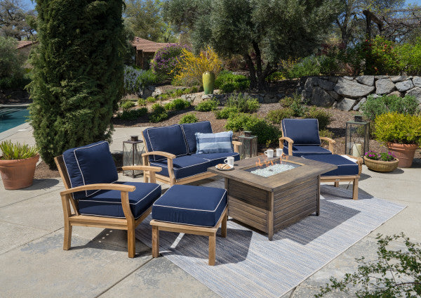 Tortuga Outdoor Jakarta Teak 6pc Sofa and Fire Table Set - 1 loveseat, 2 club chairs, 1 fire table, and 1 side table, 1 ottoman - Sunbrella Navy