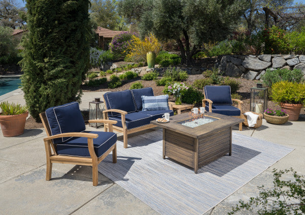 Tortuga Outdoor Jakarta Teak 5pc Loveseat and Fire Table Set - 1 loveseat, 2 club chairs, 1 fire table, 1 side table - Sunbrella Navy