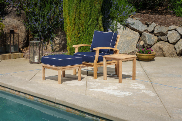 Tortuga Outdoor Jakarta Teak 3pc Club Chair Set - 1 club chair, 1 side table, 1 ottoman - Sunbrella Navy