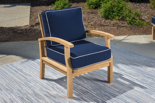 Tortuga Outdoor Jakarta Teak 5pc Loveseat set - 1 love seat, 2 club chairs, 1 coffee table, 1 side table - Sunbrella Navy